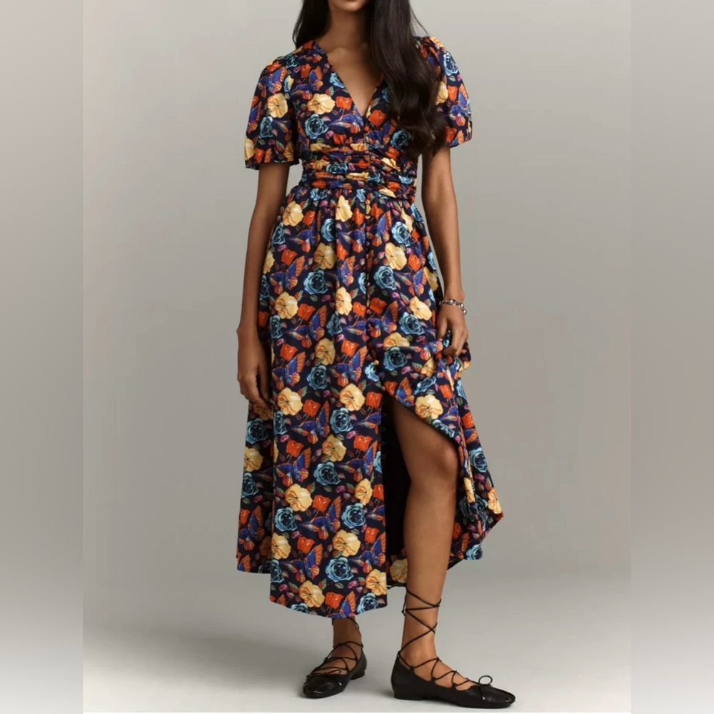 1X By Anthropologie Katrina blue yellow red button front maxi dress.Size 1X